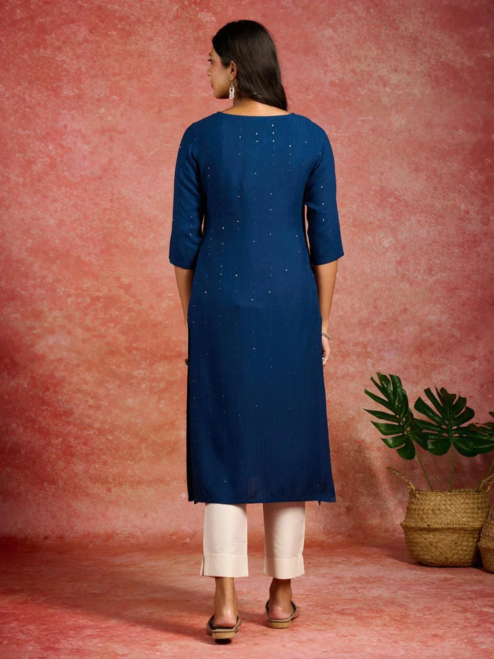 Blue Embroidered Rayon Straight Kurta - Libas