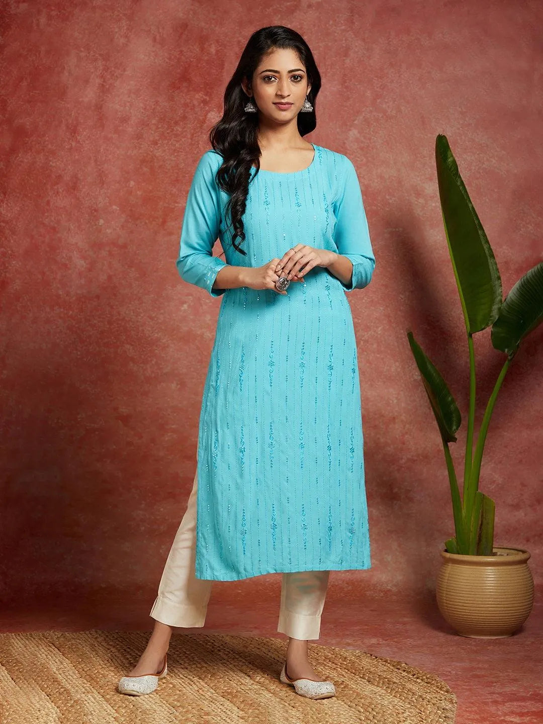 Blue Embroidered Rayon Straight Kurta - Libas 