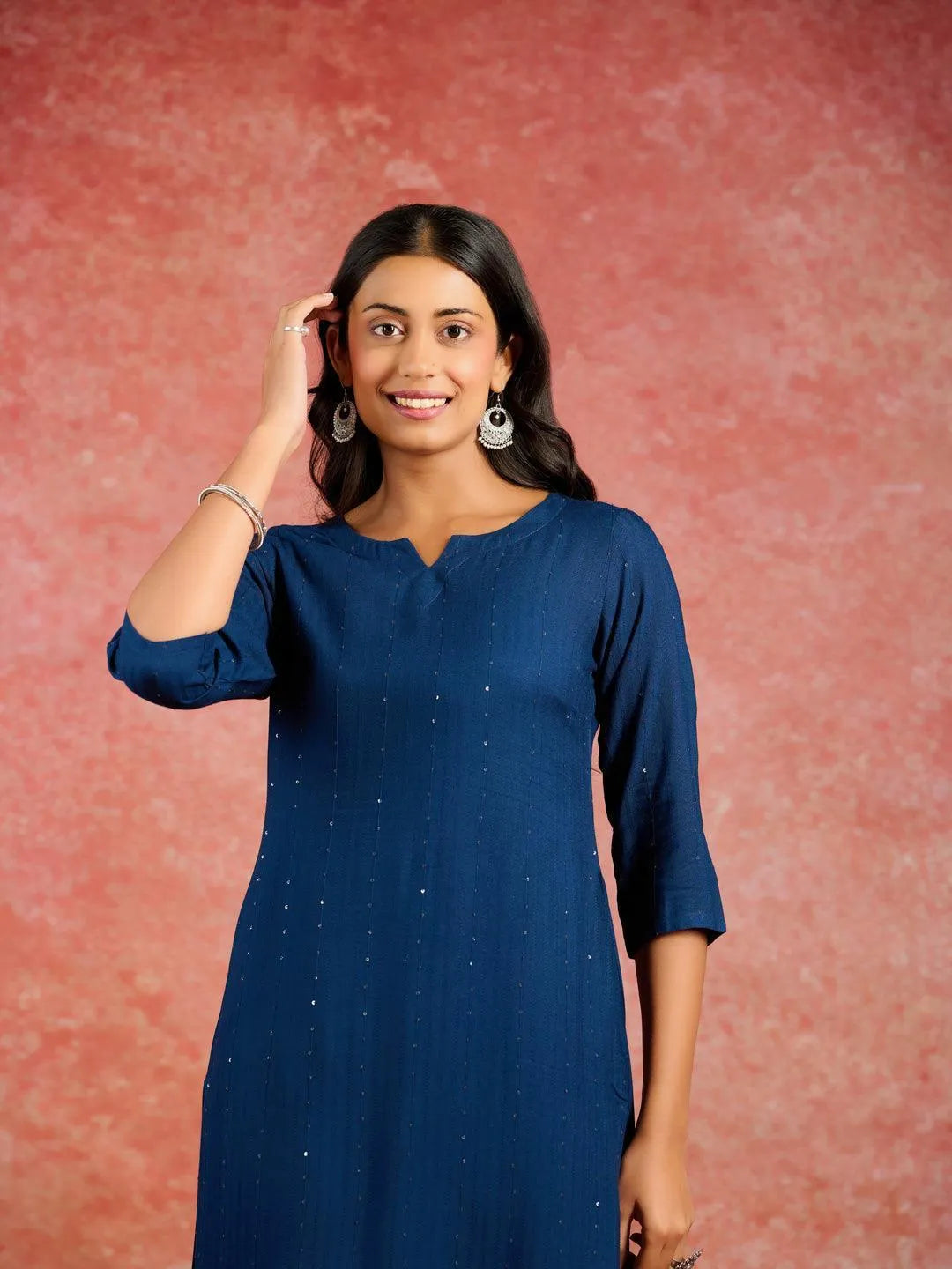 Blue Embroidered Rayon Straight Kurta - Libas 