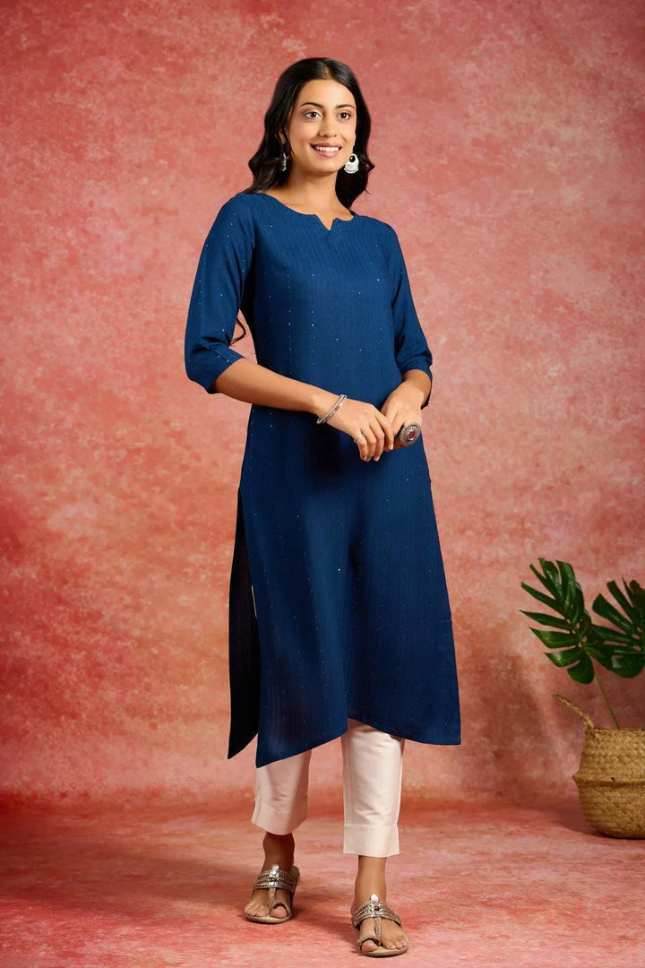 Blue Embroidered Rayon Straight Kurta - Libas