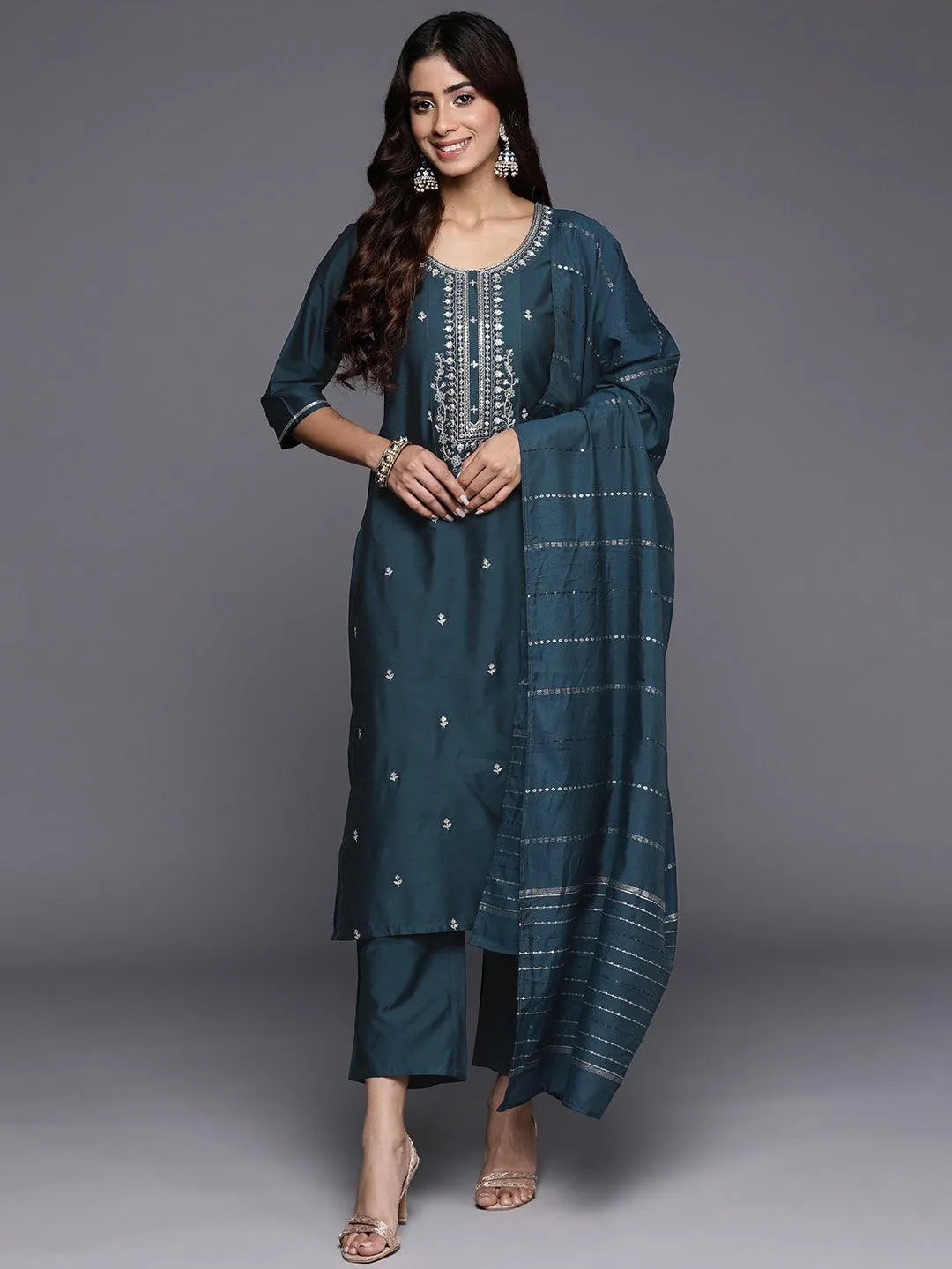 libas Blue Embroidered Silk Blend Straight Suit With Dupatta-picture-50