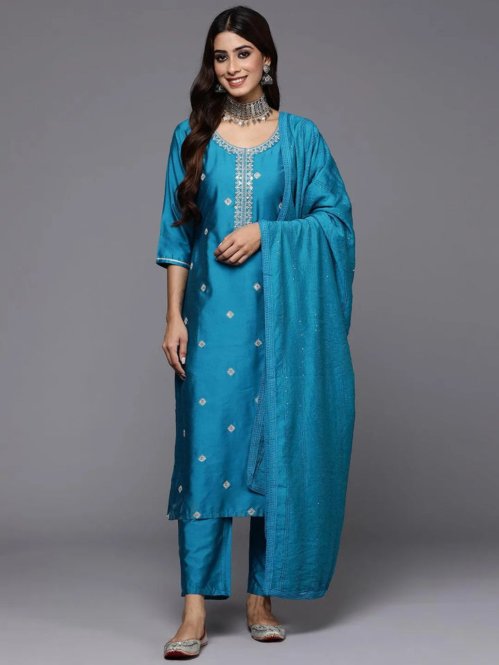 Blue Embroidered Silk Blend Straight Kurta With Trousers & Dupatta - Libas