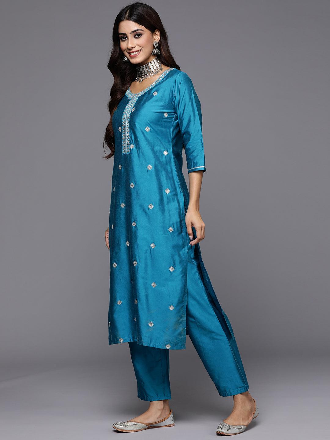 Blue Embroidered Silk Blend Straight Kurta With Trousers & Dupatta - Libas