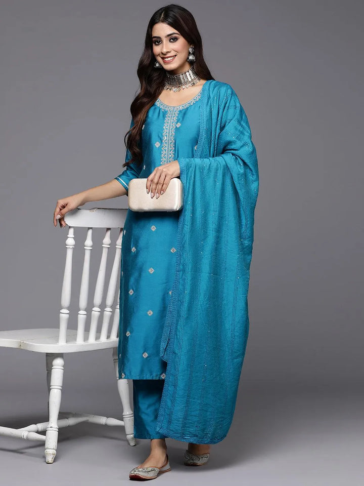 Blue Embroidered Silk Blend Straight Kurta With Trousers & Dupatta - Libas