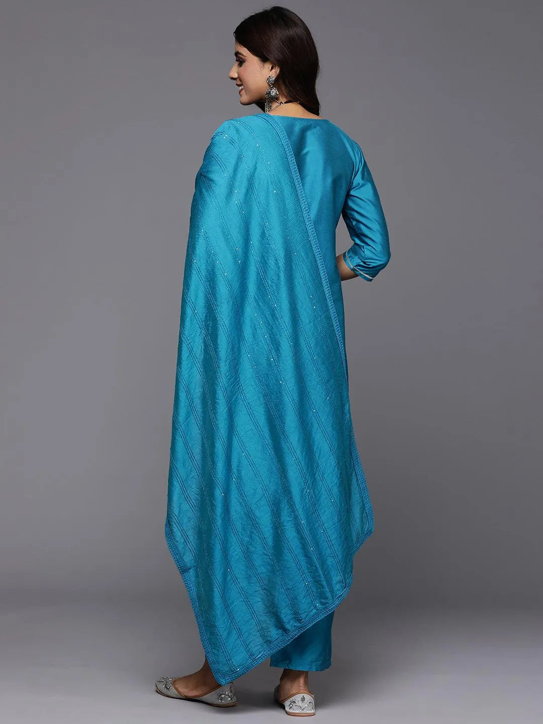 Blue Embroidered Silk Blend Straight Kurta With Trousers & Dupatta - Libas 