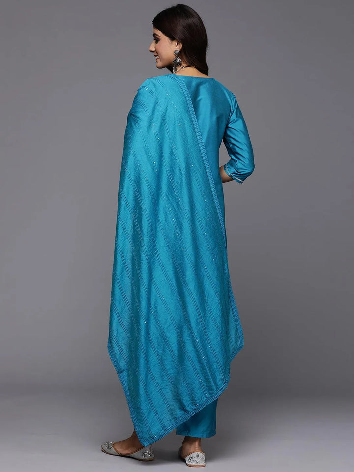 Blue Embroidered Silk Blend Straight Kurta With Trousers & Dupatta - Libas