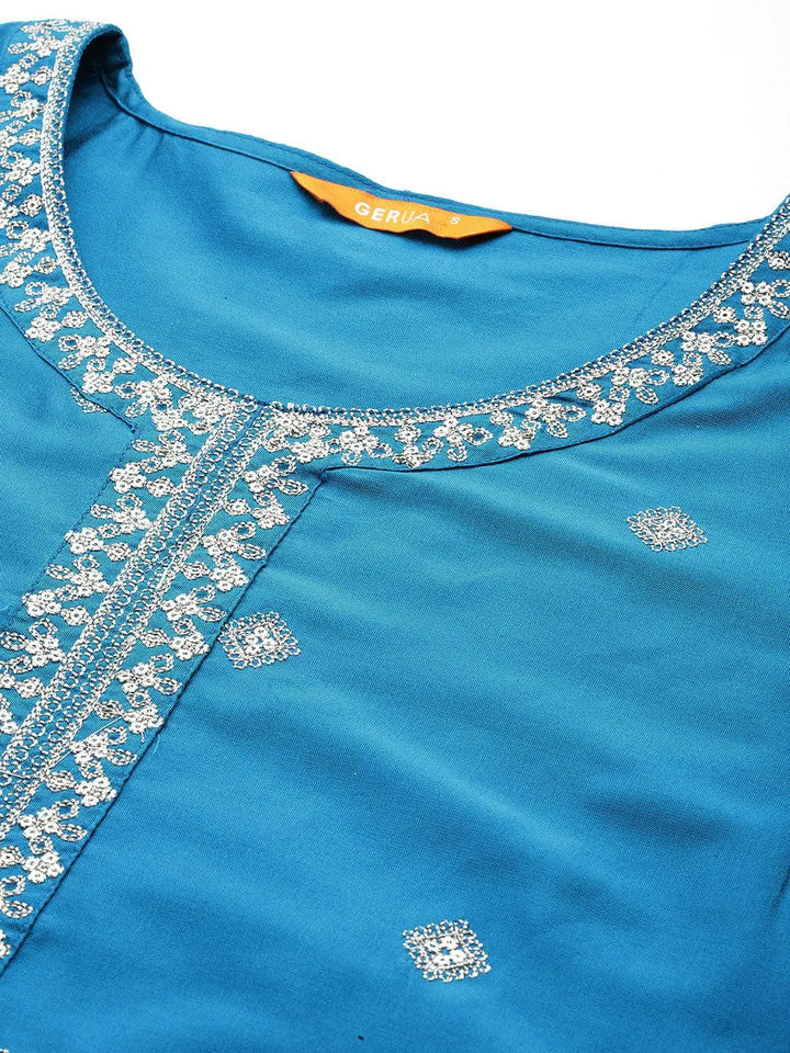 Blue Embroidered Silk Blend Straight Kurta With Trousers & Dupatta - Libas