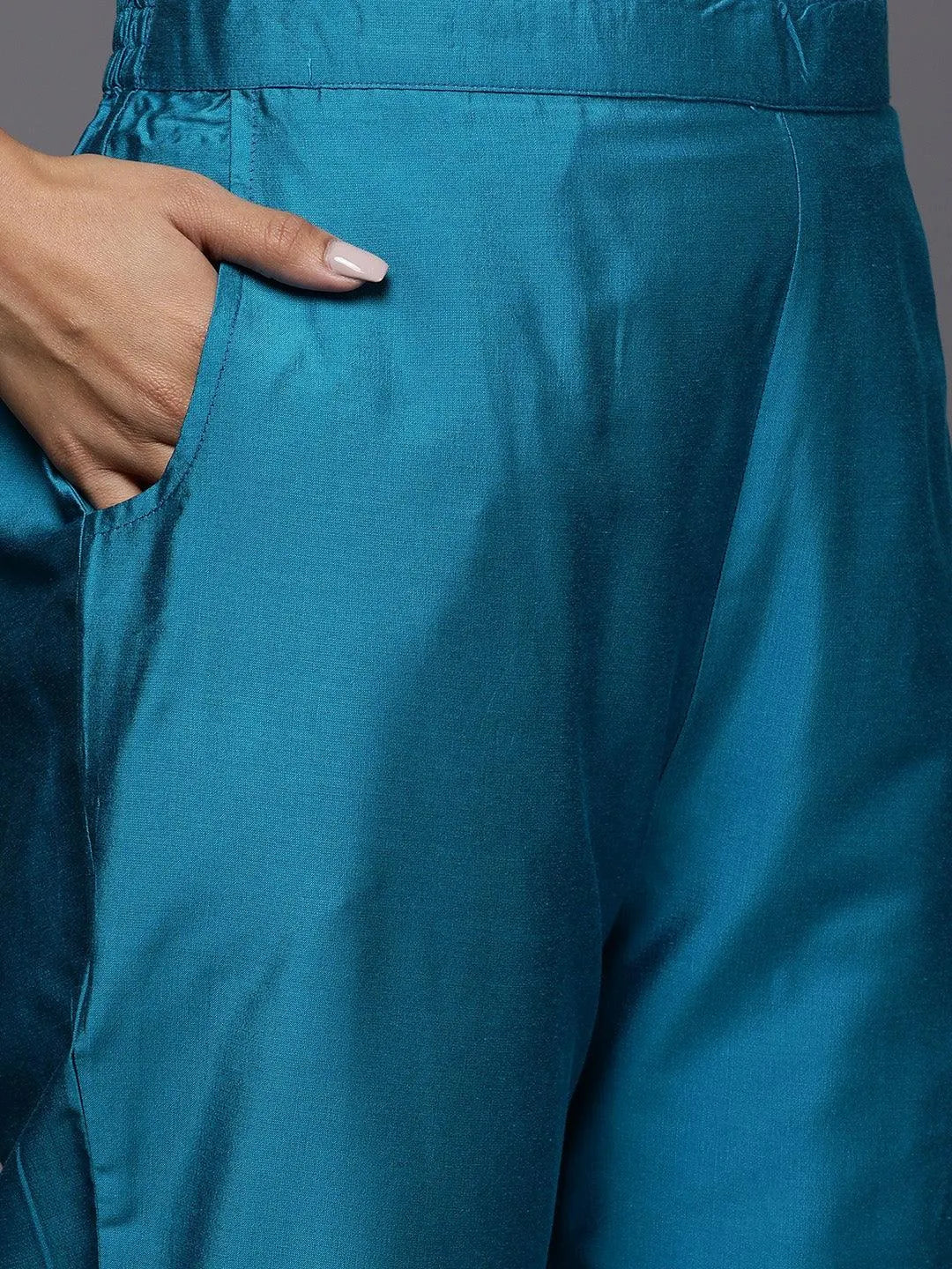 Blue Embroidered Silk Blend Straight Kurta With Trousers & Dupatta - Libas 