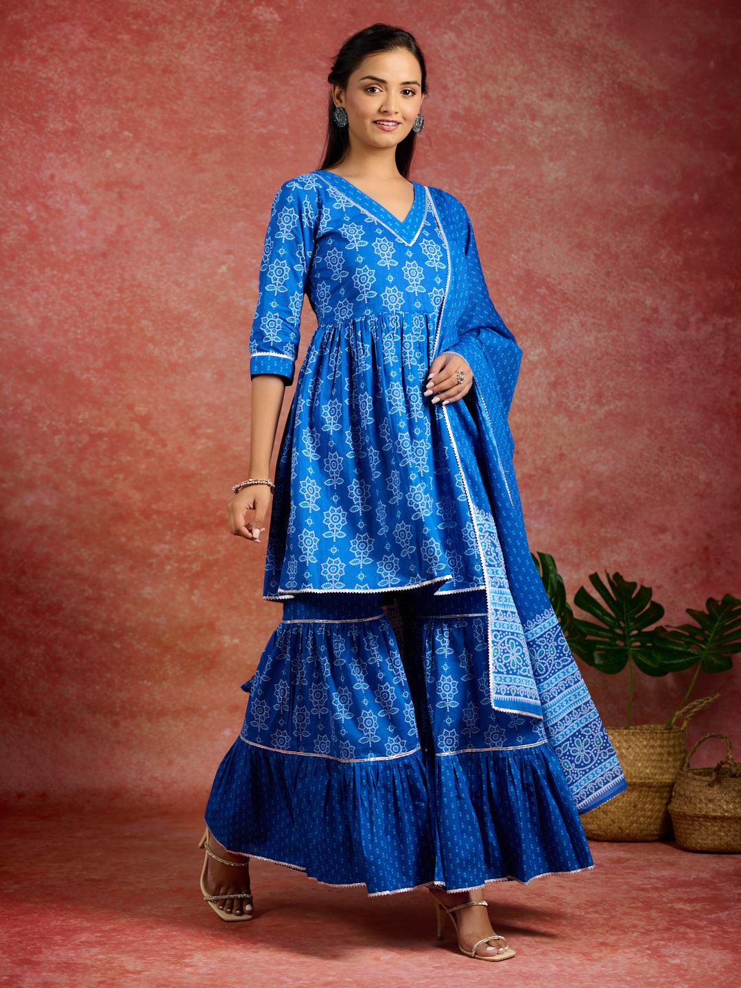Blue Printed Cotton A-Line Sharara Suit Set With Dupatta