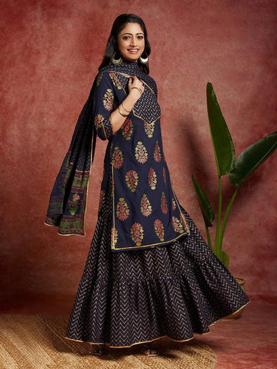 Blue Printed Cotton Straight Kurta With Skirt & Dupatta - Libas