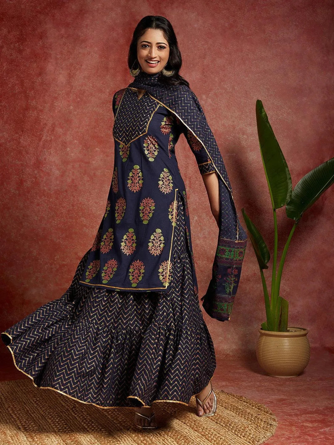 Blue Printed Cotton Straight Kurta With Skirt & Dupatta - Libas 