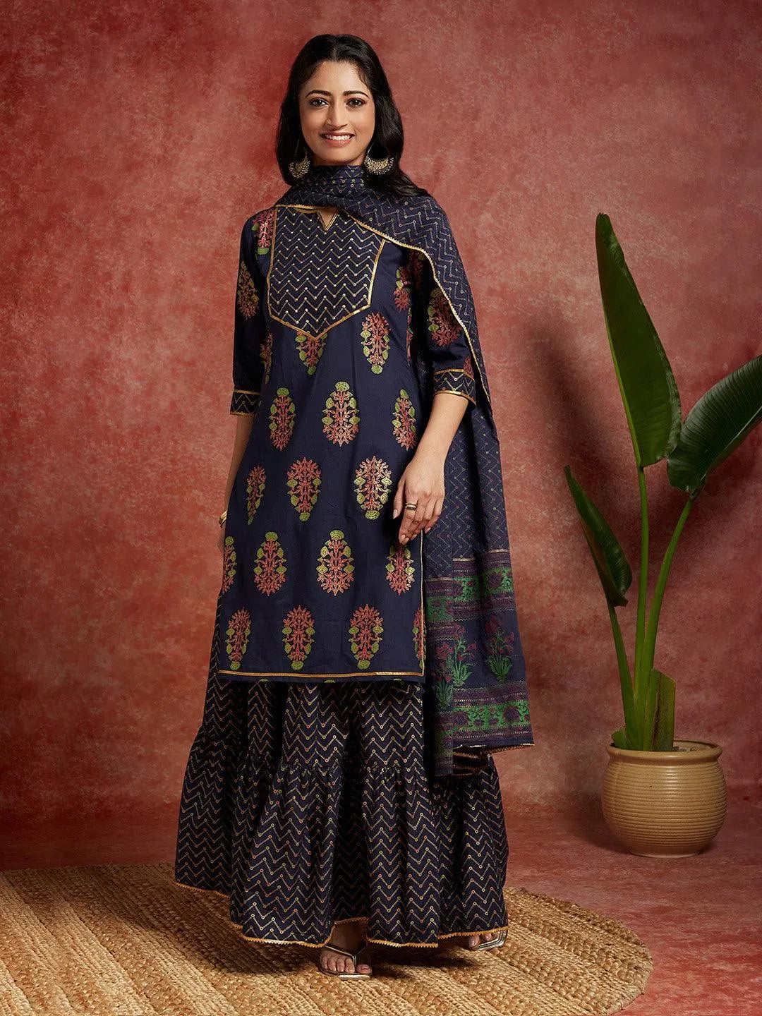 Blue Printed Cotton Straight Kurta With Skirt & Dupatta - Libas