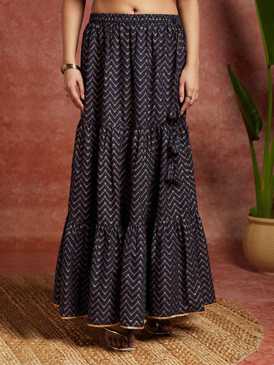 Blue Printed Cotton Straight Kurta With Skirt & Dupatta - Libas
