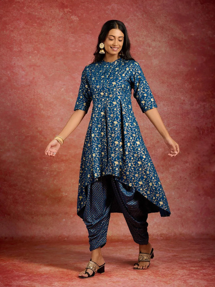 Blue Printed Rayon A-Line Kurta With Dhoti Pants - Libas