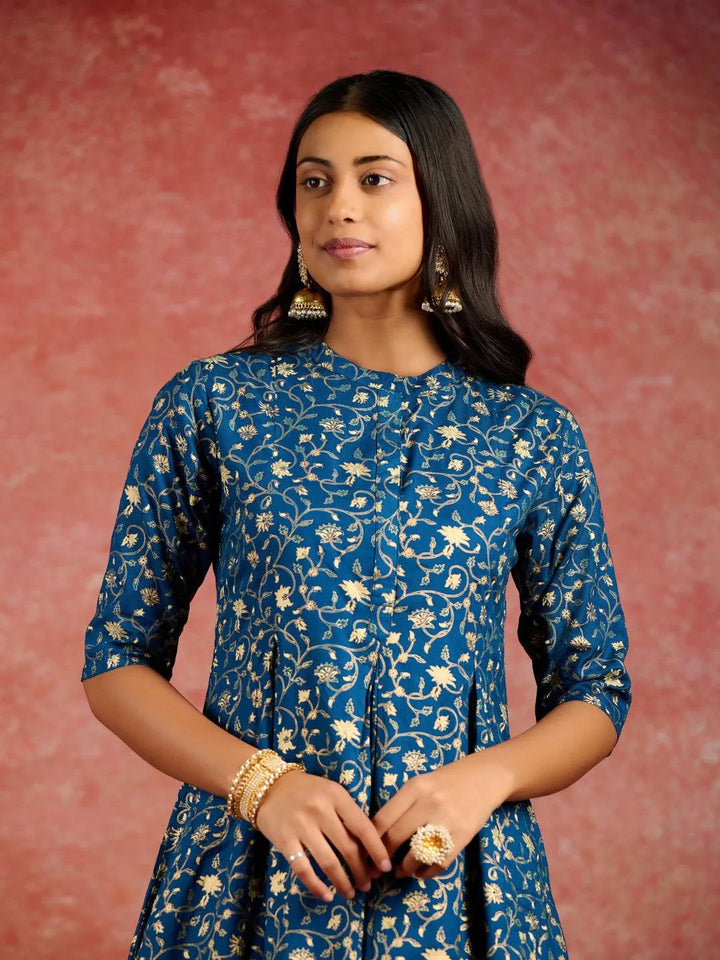 Blue Printed Rayon A-Line Kurta With Dhoti Pants - Libas