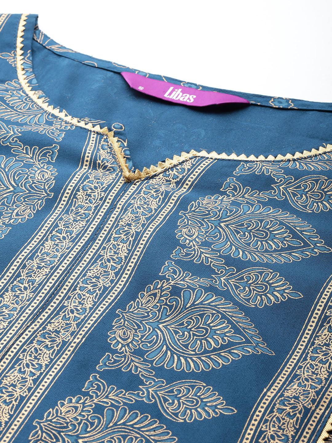 Blue Printed Rayon A-Line Kurta With Trousers & Dupatta