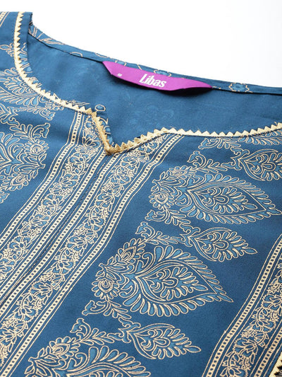 Blue Printed Rayon A-Line Kurta With Trousers & Dupatta - Libas