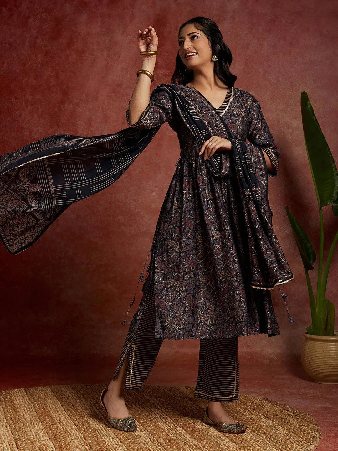 Blue Printed Pure Cotton A-Line Kurta Sets With Dupatta main image 0