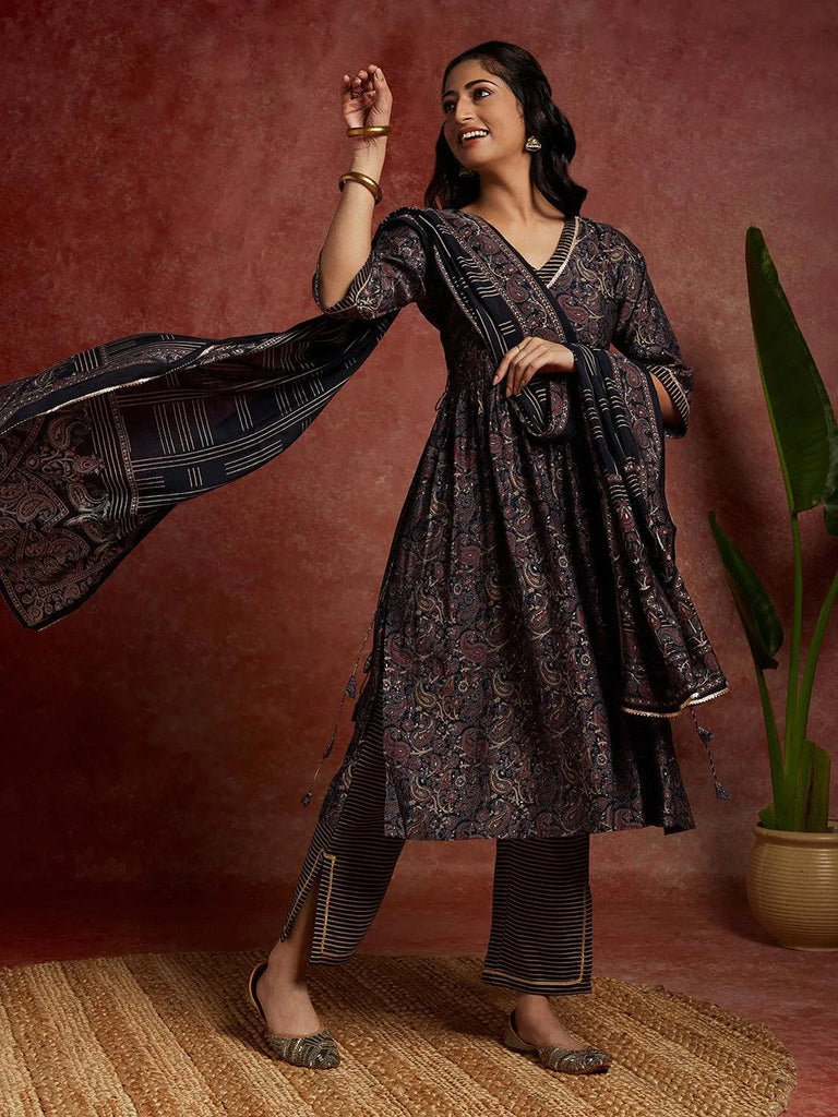 Libas Blue Printed Silk Blend A-Line Kurta With Trousers & Dupatta