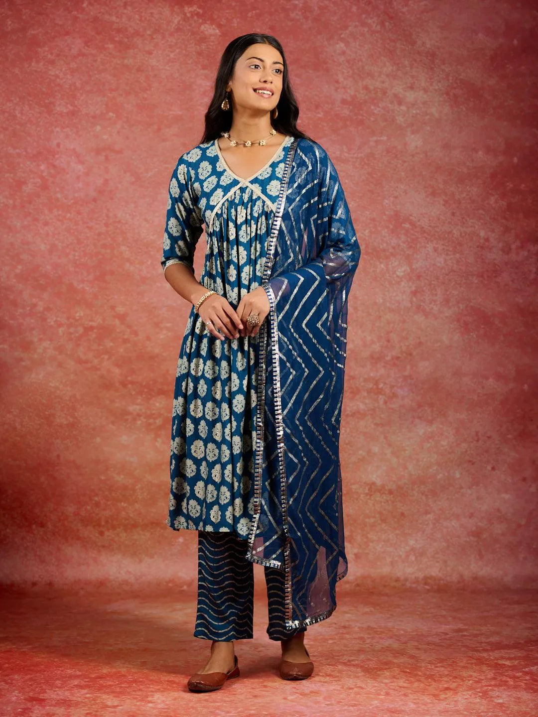 Blue Printed Silk Blend A-Line Kurta With Trousers & Dupatta - Libas 
