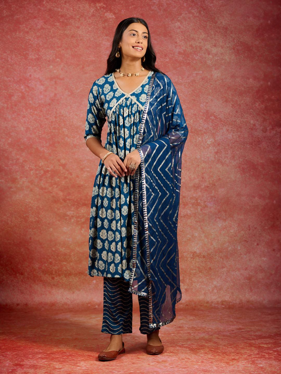 Blue Printed Silk Blend A-Line Kurta With Trousers & Dupatta - Libas