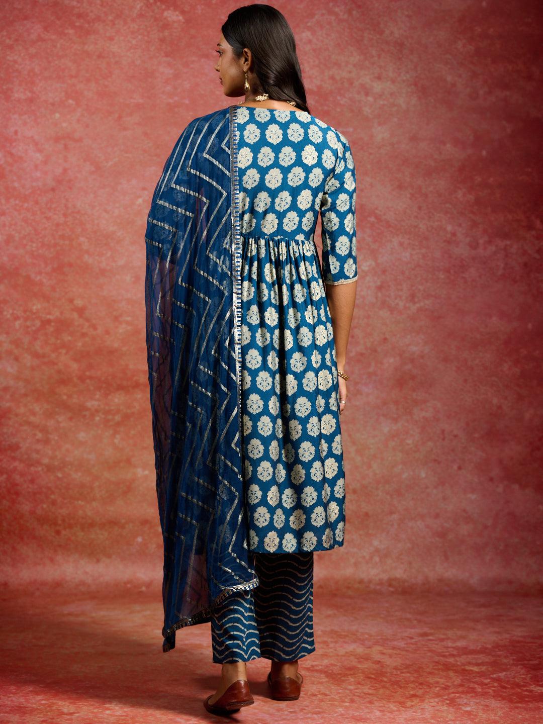 Blue Printed Silk Blend A-Line Kurta With Trousers & Dupatta - Libas