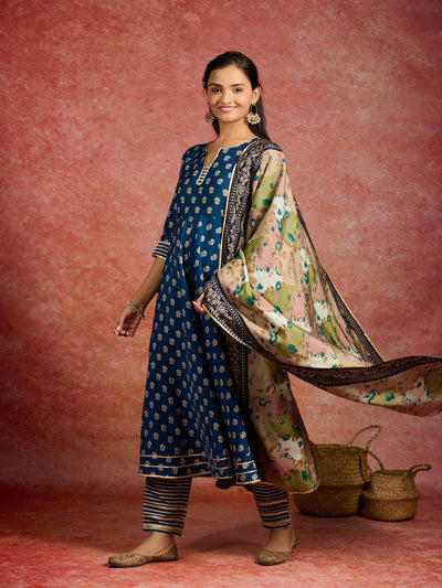 Blue Printed Silk Blend Anarkali Kurta With Trousers & Dupatta - Libas