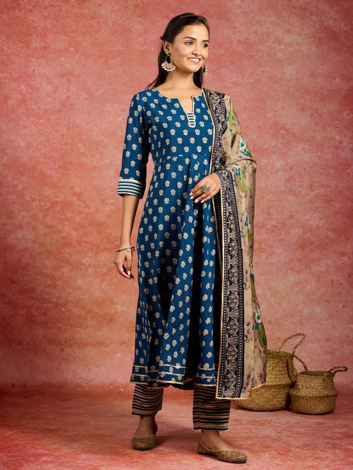 Blue Printed Silk Blend Anarkali Kurta With Trousers & Dupatta - Libas