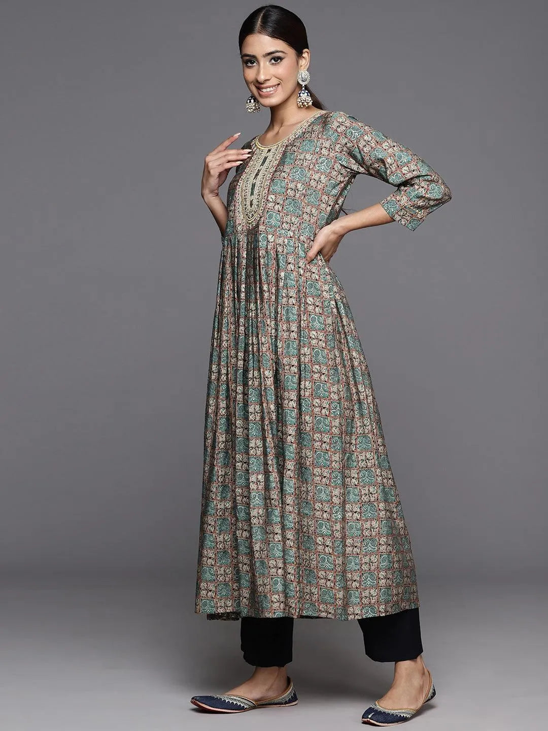 Blue Printed Silk Blend Anarkali Kurta With Trousers & Dupatta - Libas 