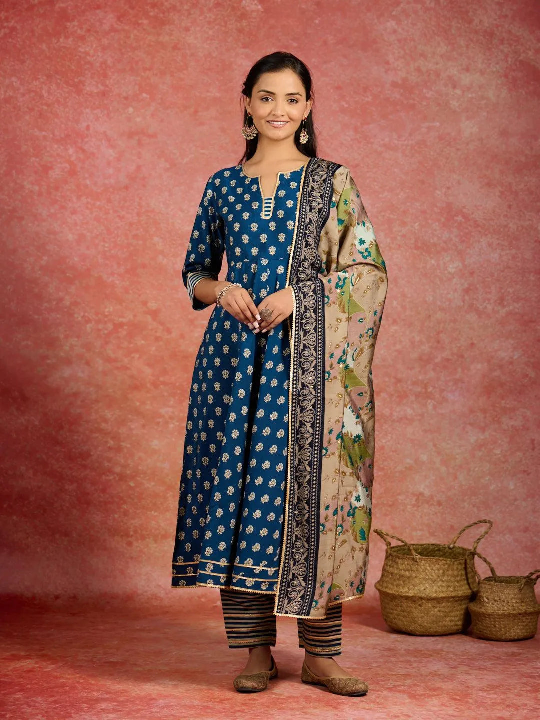 Blue Printed Silk Blend Anarkali Kurta With Trousers & Dupatta - Libas 