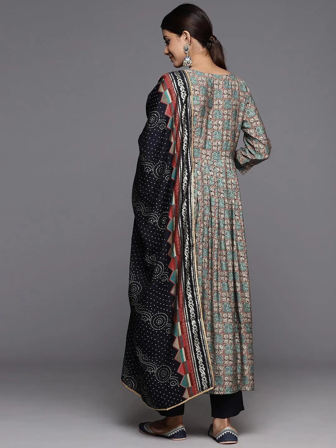 Blue Printed Silk Blend Anarkali Kurta With Trousers & Dupatta - Libas 