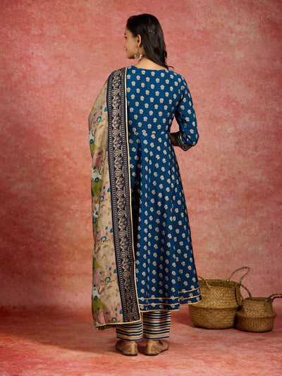 Blue Printed Silk Blend Anarkali Kurta With Trousers & Dupatta - Libas