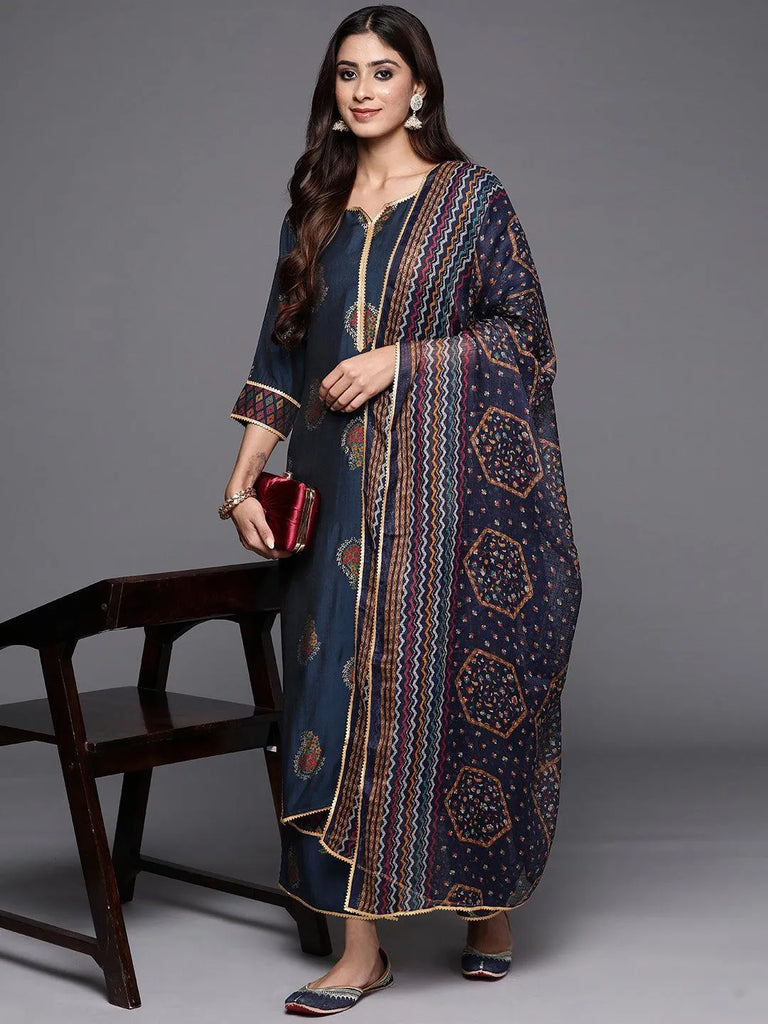 Libas Blue Printed Silk Blend Straight Suit With Dupatta