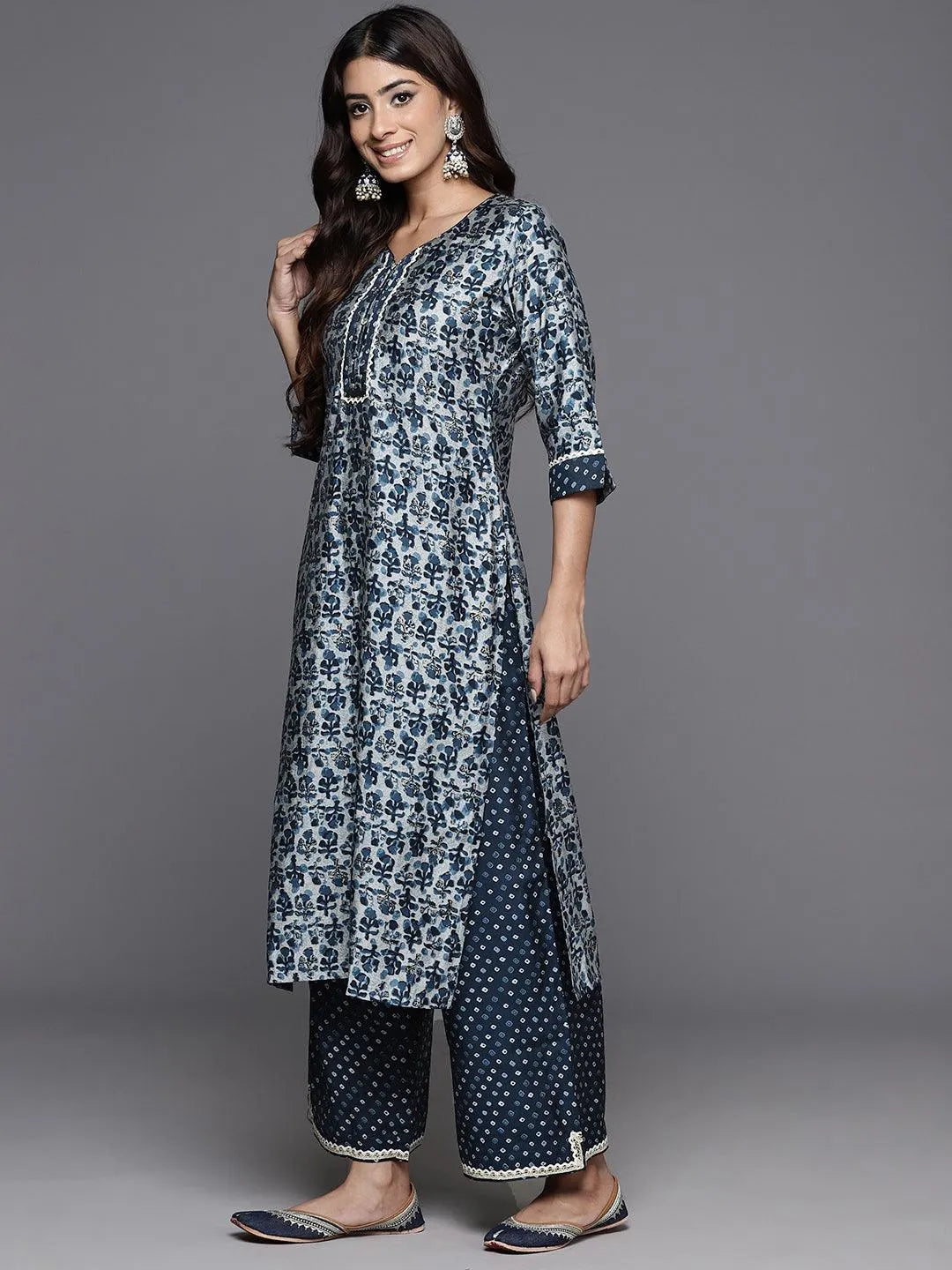 Blue Printed Silk Blend Straight Kurta With Palazzos - Libas 