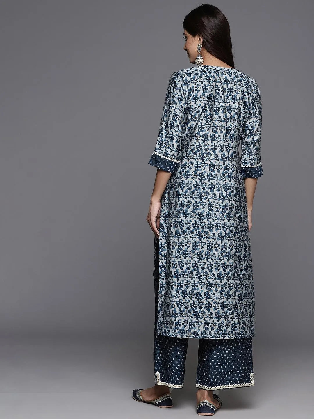 Blue Printed Silk Blend Straight Kurta With Palazzos - Libas 