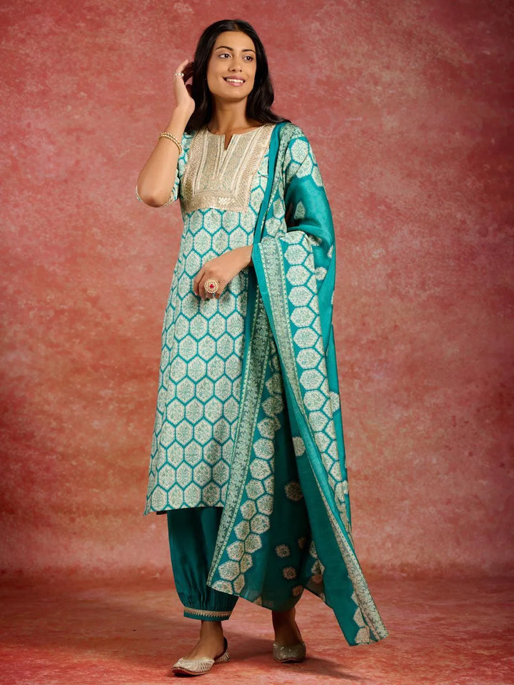 Blue Printed Silk Blend Straight Kurta With Salwar & Dupatta - Libas