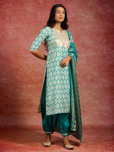 Blue Printed Silk Blend Straight Kurta With Salwar & Dupatta - Libas