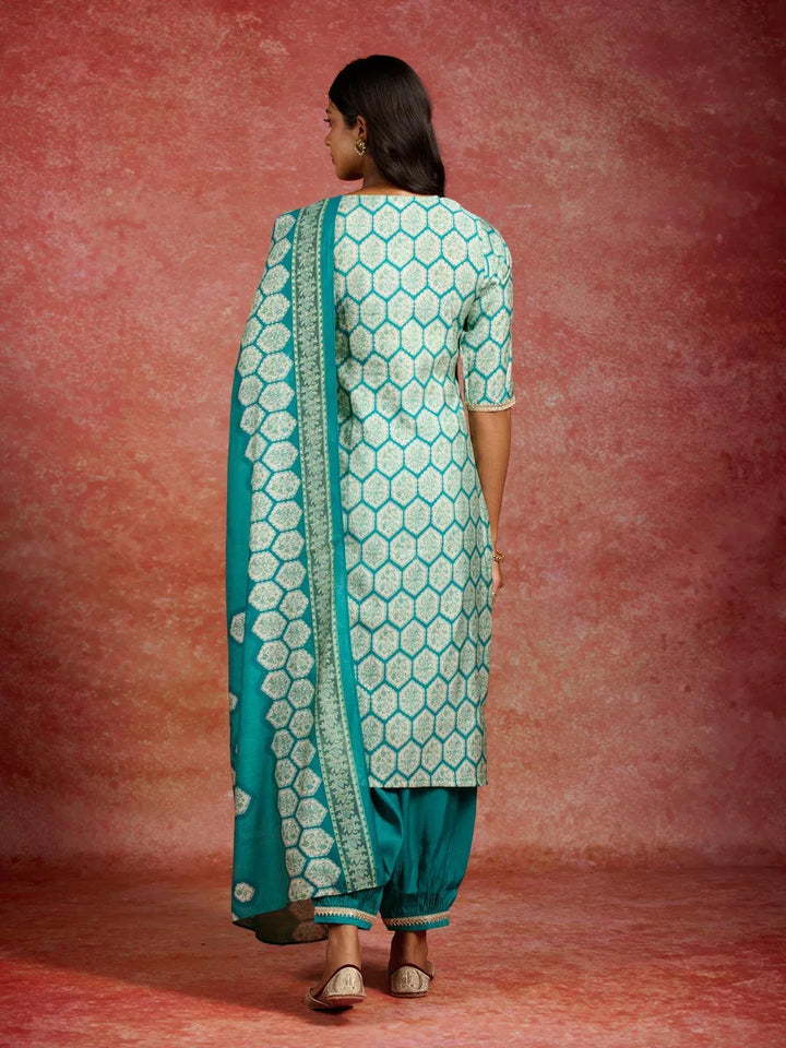 Blue Printed Silk Blend Straight Kurta With Salwar & Dupatta - Libas