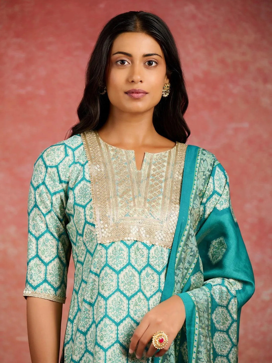 Blue Printed Silk Blend Straight Kurta With Salwar & Dupatta - Libas 