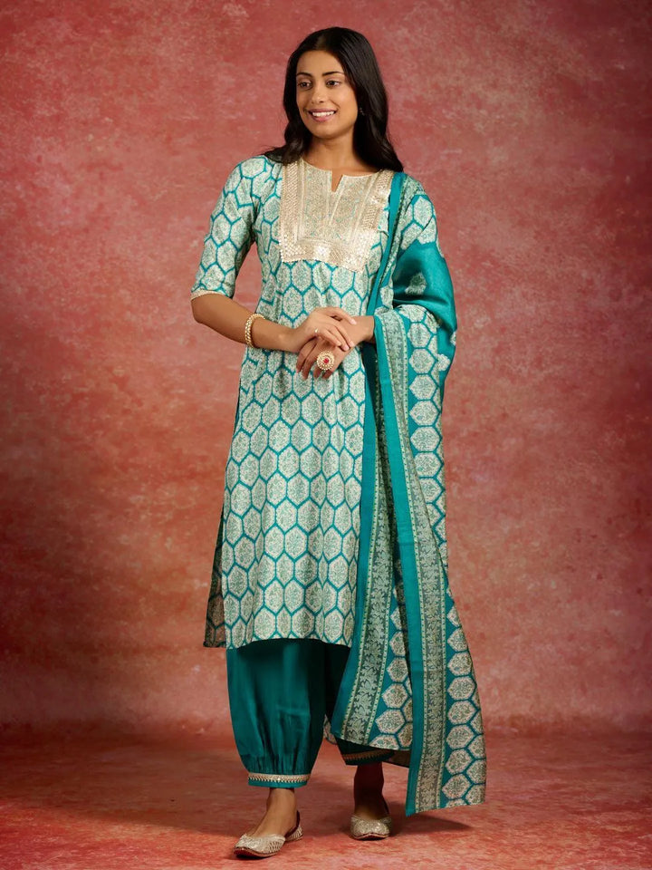 Blue Printed Silk Blend Straight Kurta With Salwar & Dupatta - Libas