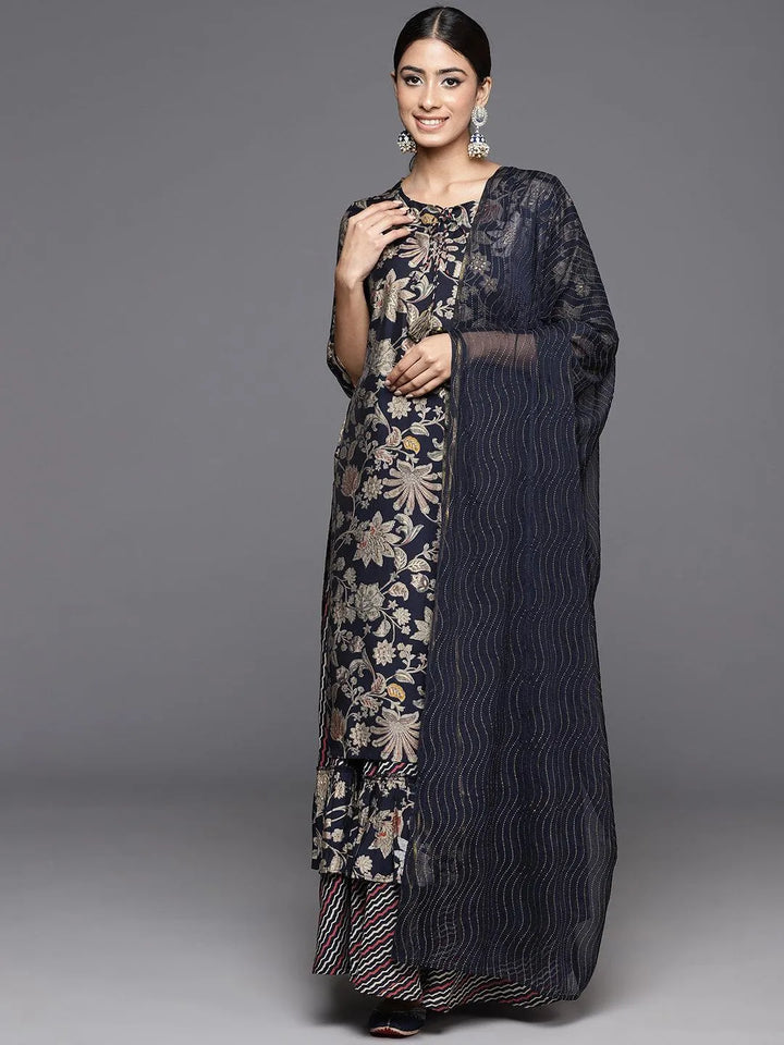 Blue Printed Silk Blend Straight Kurta With Skirt & Dupatta - Libas