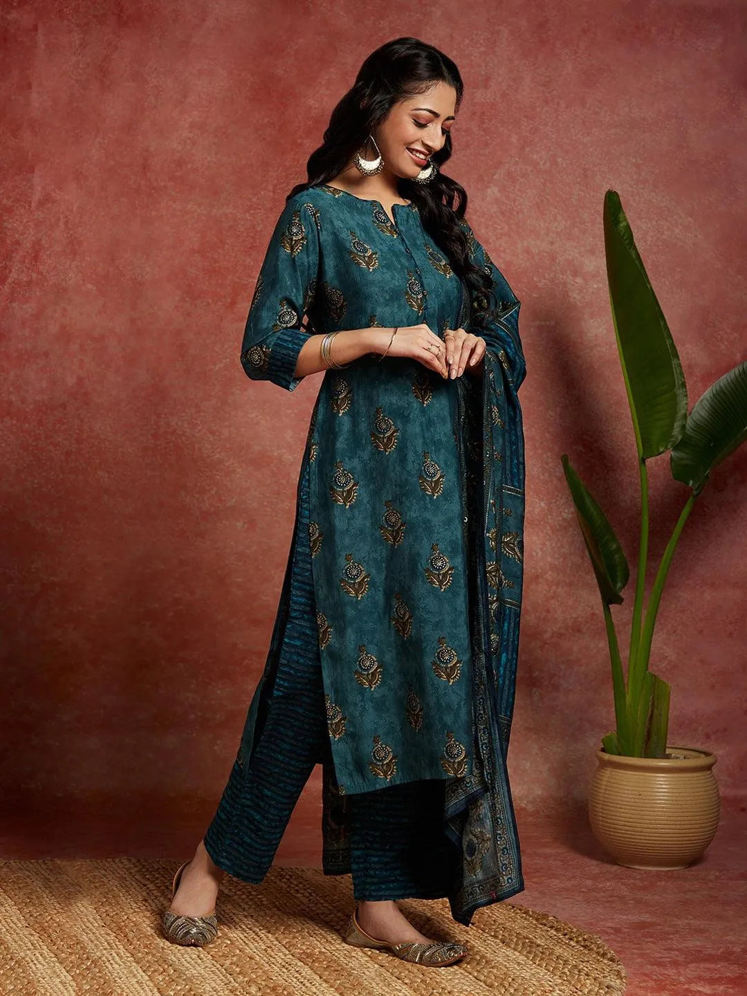 Blue Printed Silk Blend Straight Kurta With Trousers & Dupatta - Libas 