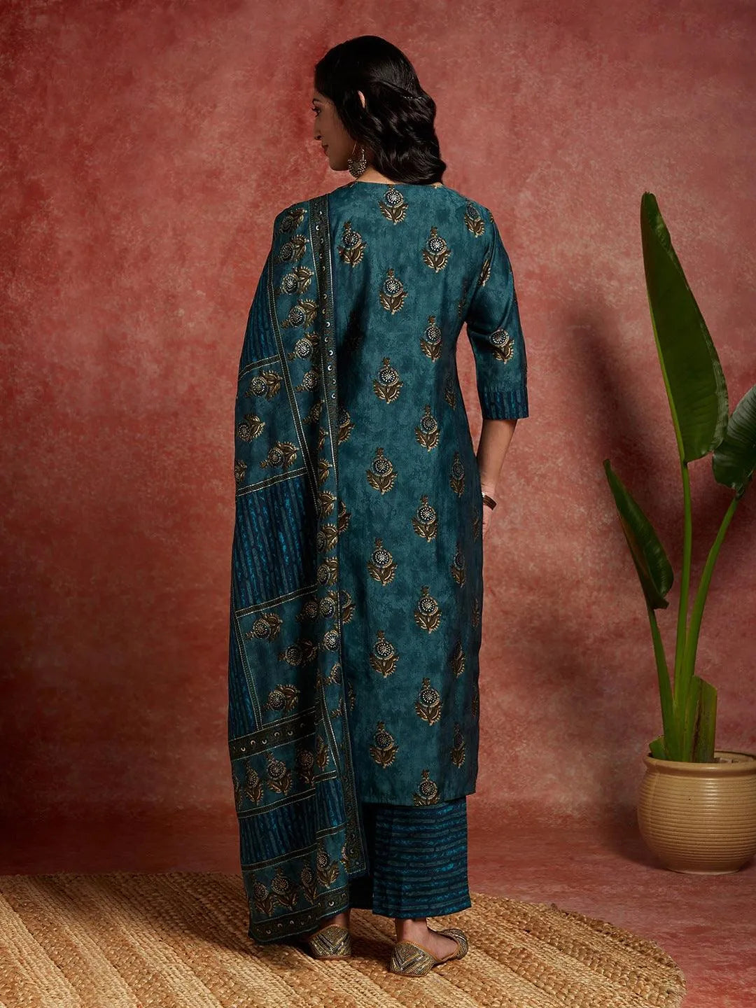 Blue Printed Silk Blend Straight Kurta With Trousers & Dupatta - Libas 