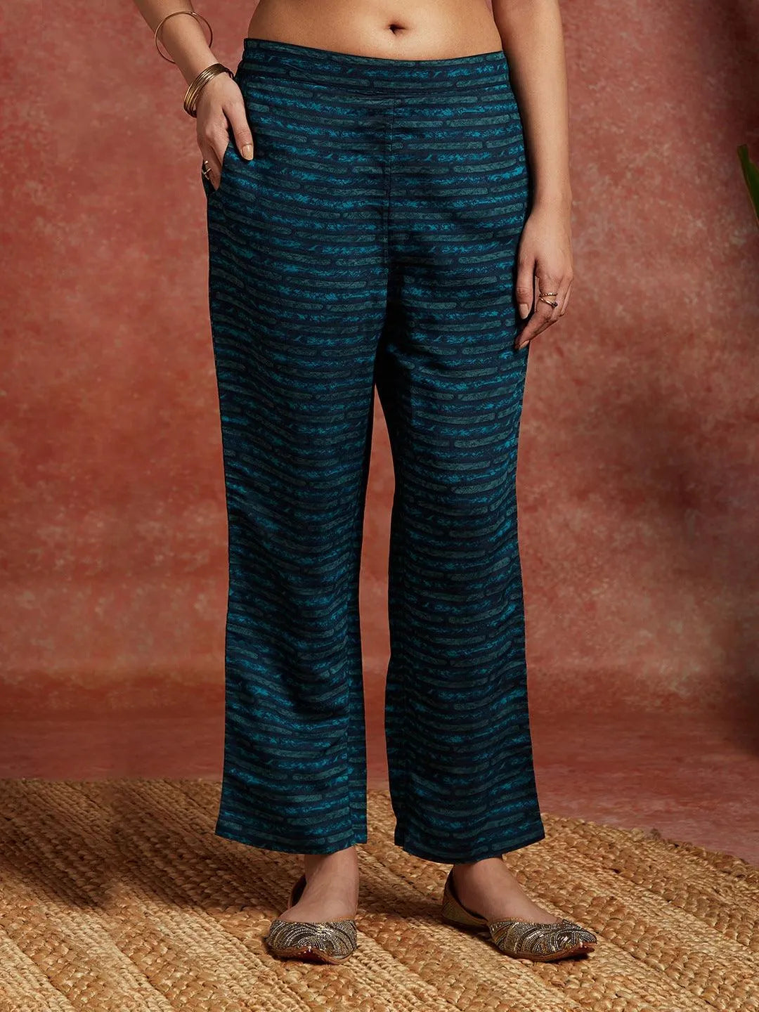 Blue Printed Silk Blend Straight Kurta With Trousers & Dupatta - Libas 