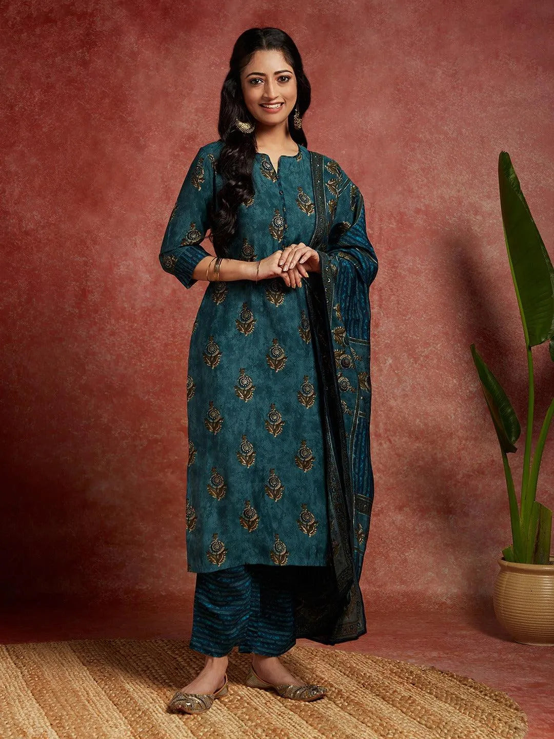 Blue Printed Silk Blend Straight Kurta With Trousers & Dupatta - Libas 