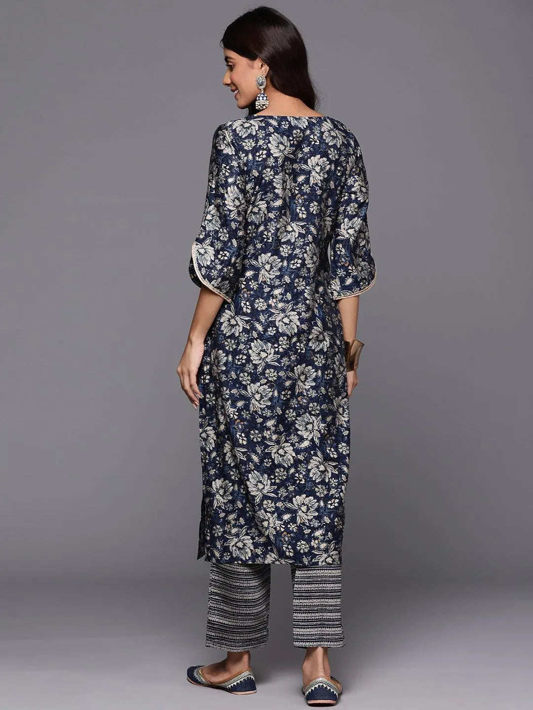 Blue Printed Silk Blend Straight Kurta With Trousers - Libas 