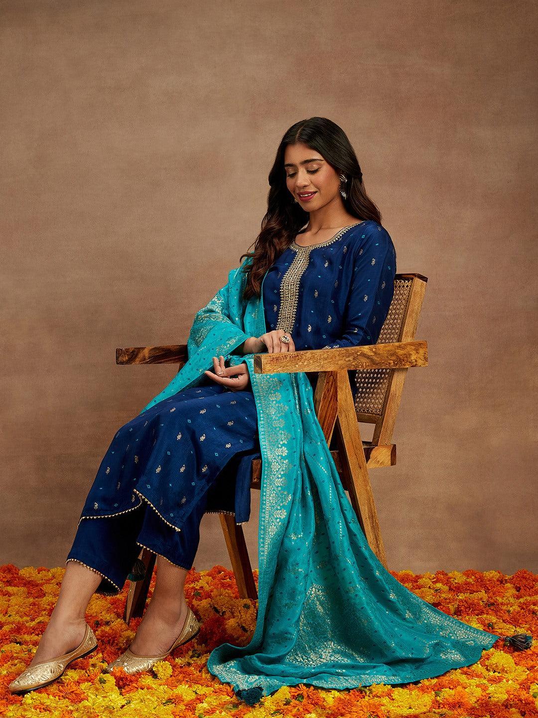Blue Printed Silk Straight Suit With Dupatta
