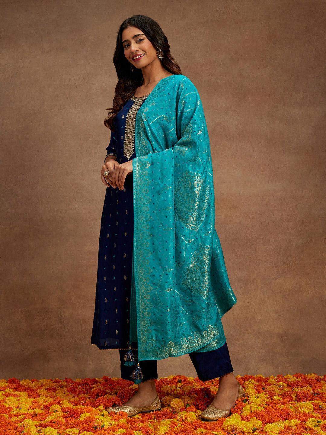 Blue Printed Silk Straight Suit With Dupatta