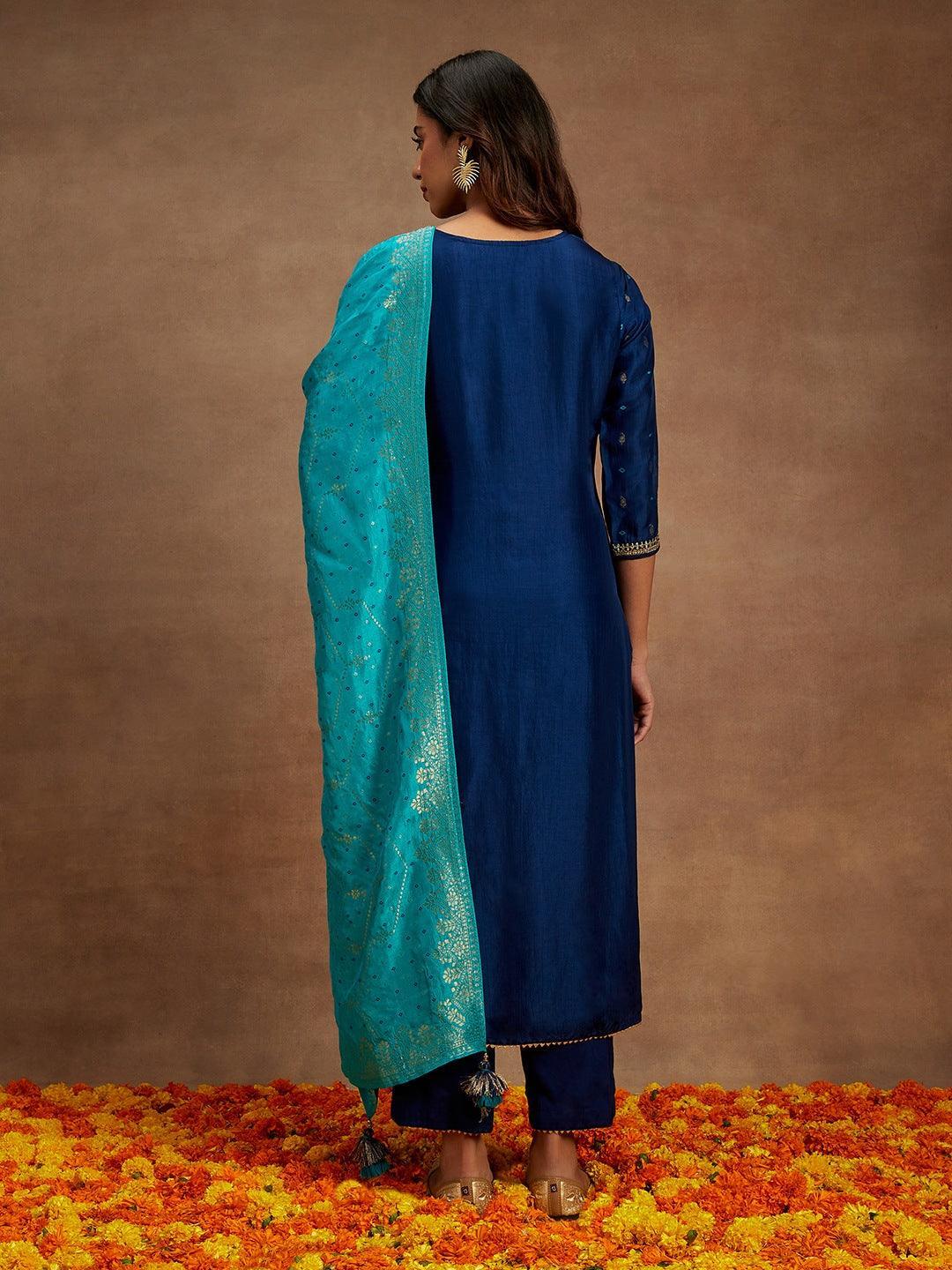 Blue Printed Silk Straight Kurta With Trousers & Dupatta - Libas