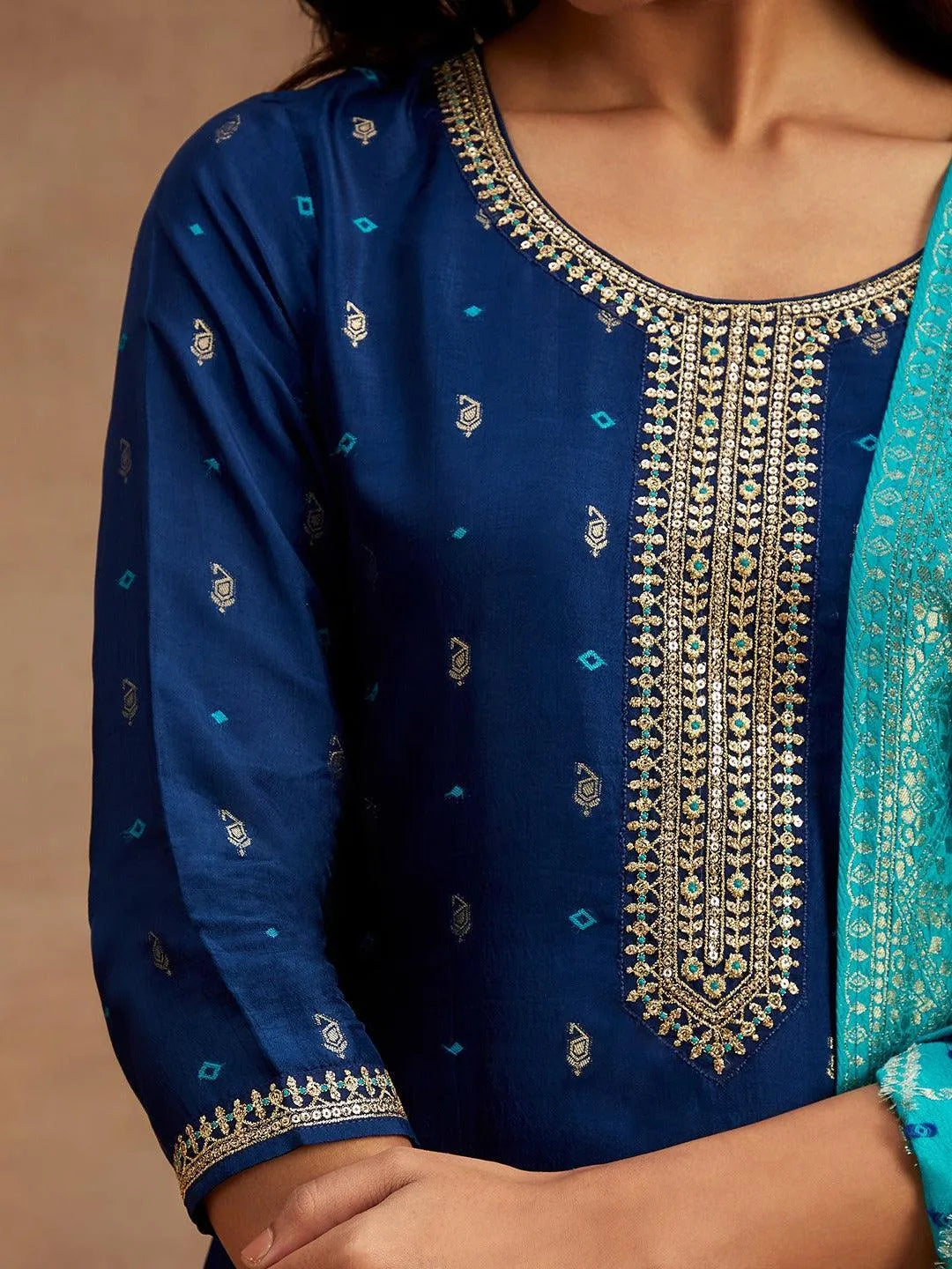 Blue Printed Silk Straight Kurta With Trousers & Dupatta - Libas